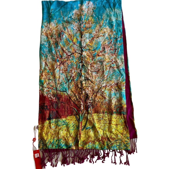 Pure Silk Viscose Oblong Art Oil Fall Trees Painting Scarf 68” L - Picture 1 of 7